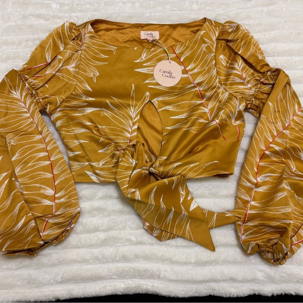 Camila Coelho Marcia Crop Top Gold Tropical Puff Sleeve Resort Glam Blouse, sz S - Picture 7 of 11